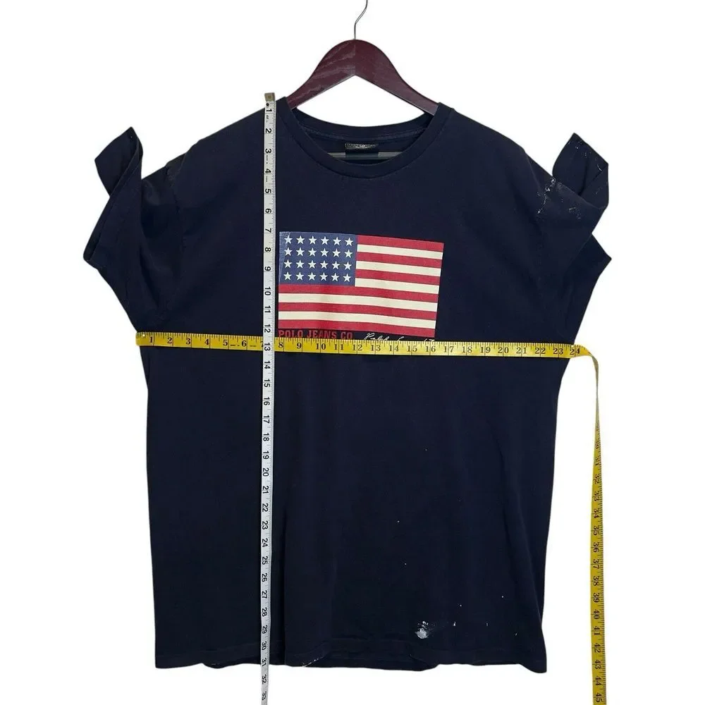 Vintage Polo Jeans Ralph Lauren Distressed American Flag T-Shirt Blue Sz L *Read
